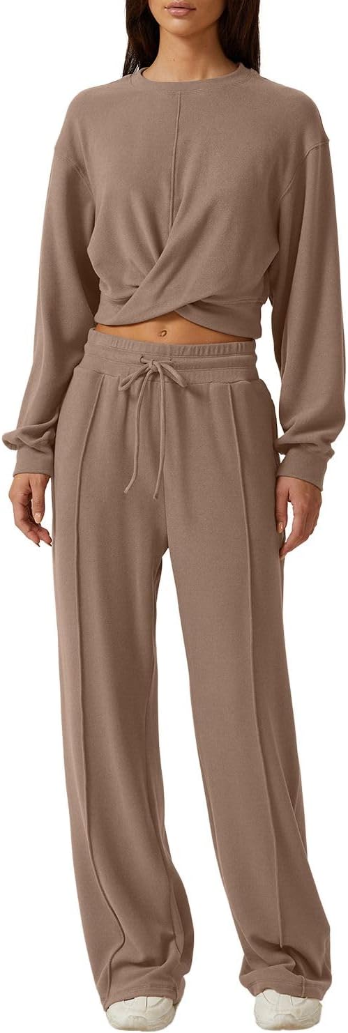 QINSEN Women 2 Piece Outfits Sweatsuit Set Twist Front Cropped Sweatshirt Wide Leg Sweatpant Lounge Set Tracksuit