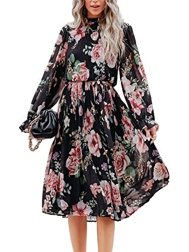 ANRABESS Women's Floral Midi Dress Puff Long Sleeve Casual Ruffle Chiffon A-Line Swing Pleated Belted Tea Party Dresses