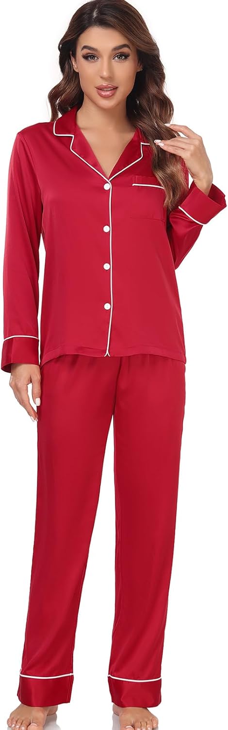 Women's Satin Pajama Set Long Sleeve Button Down Sleepwear 2-Piece Striped Silky Pj Set