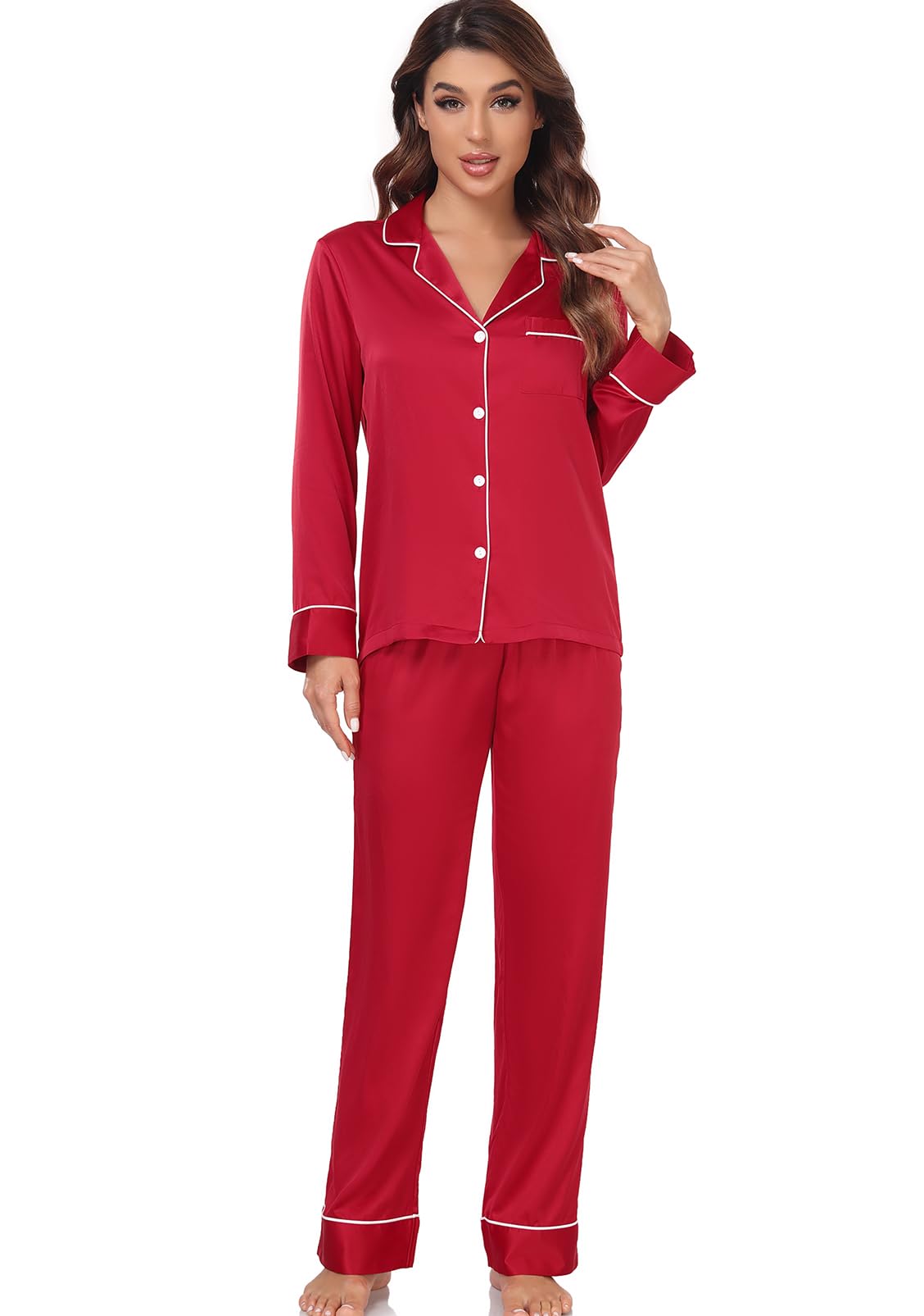 Women's Satin Pajama Set Long Sleeve Button Down Sleepwear 2-Piece Striped Silky Pj Set