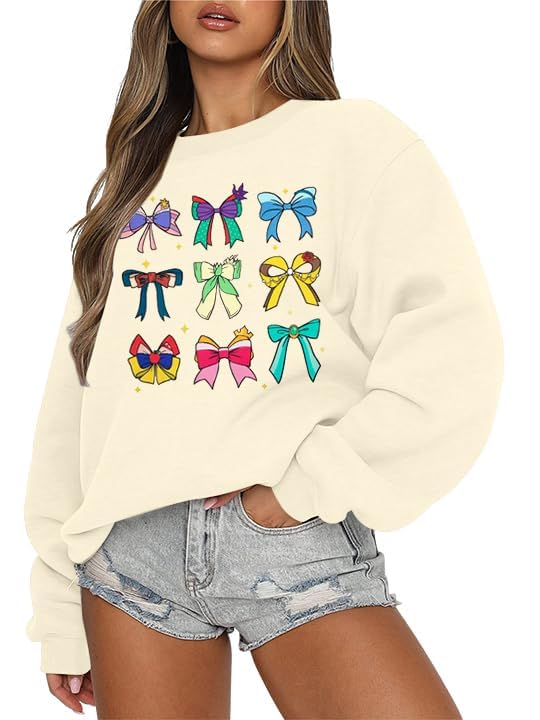 UNIQUEONE Bow Sweatshirt Womens Magic Kingdom Tee Shirt Colorful Pastel Bows Graphic Sweatshirts Oversized Holiday Pullover