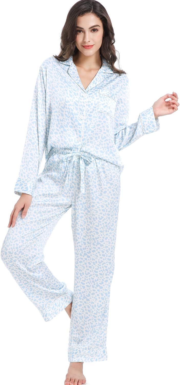 Women's Satin Pajama Set Long Sleeve Button Down Sleepwear 2-Piece Striped Silky Pj Set