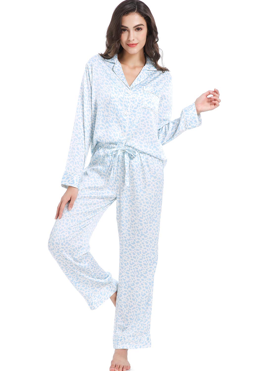 Women's Satin Pajama Set Long Sleeve Button Down Sleepwear 2-Piece Striped Silky Pj Set