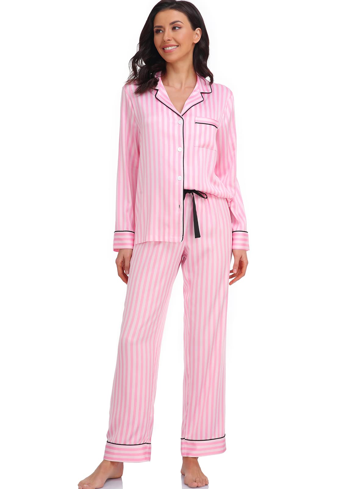 Women's Satin Pajama Set Long Sleeve Button Down Sleepwear 2-Piece Striped Silky Pj Set