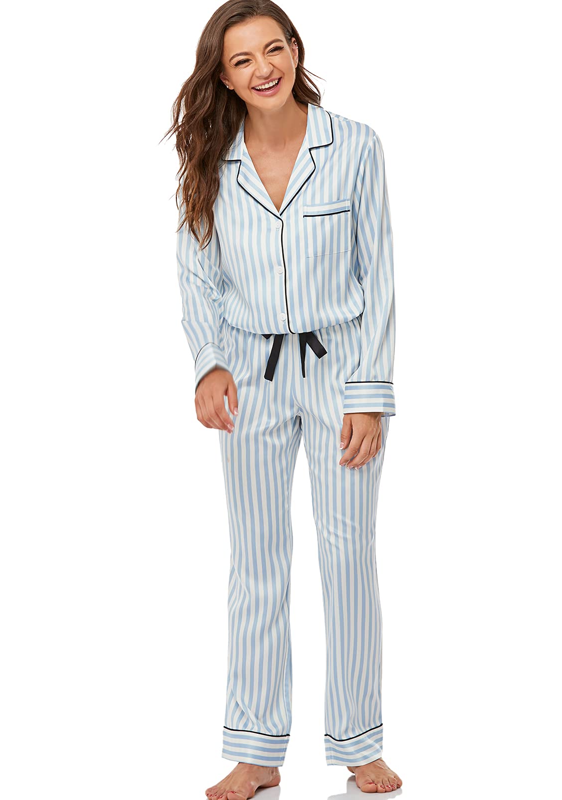 Women's Satin Pajama Set Long Sleeve Button Down Sleepwear 2-Piece Striped Silky Pj Set