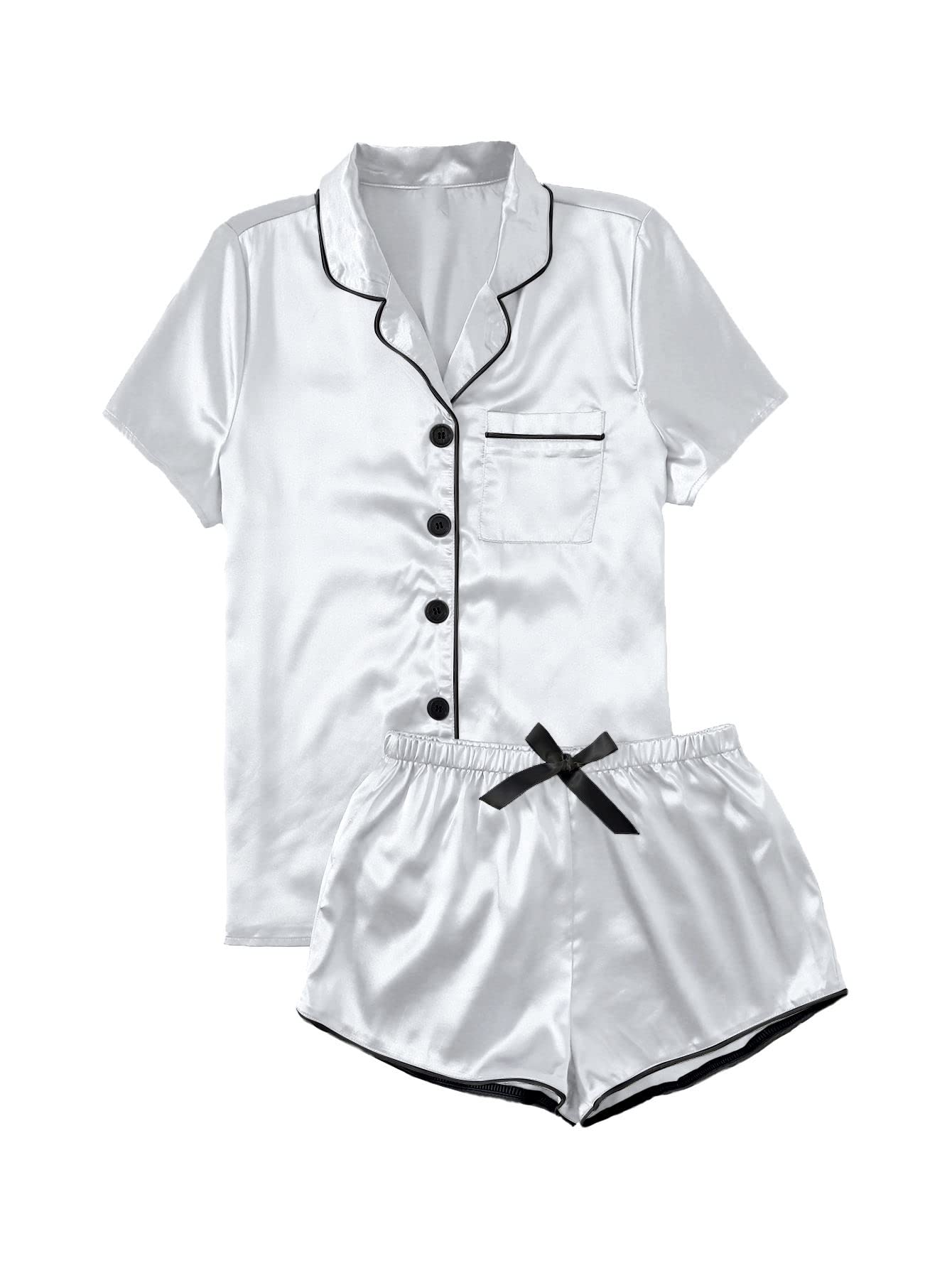 WDIRARA Women's Sleepwear Satin Short Sleeve Shirt and Shorts Pajama Set