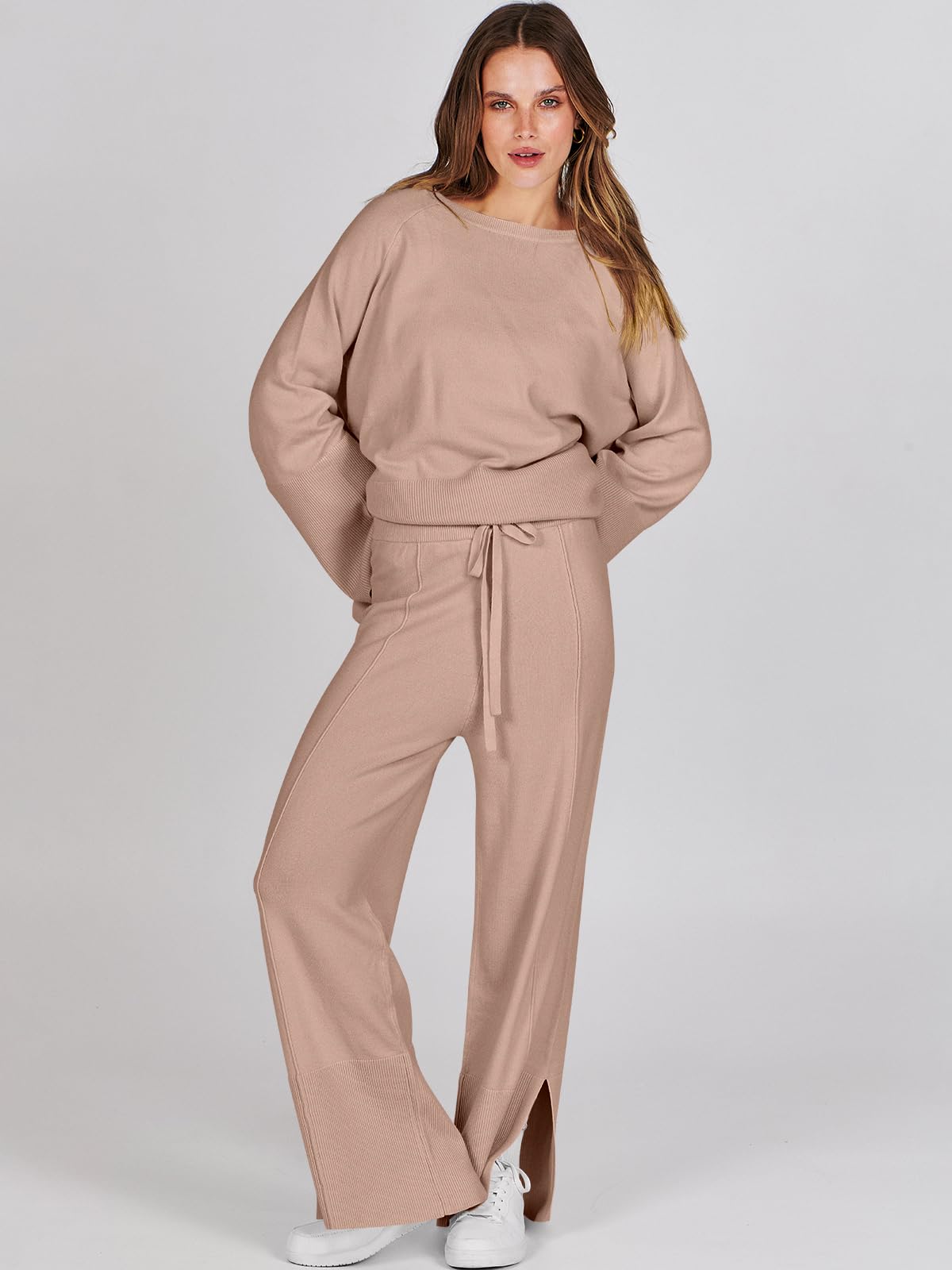 ANRABESS Womens 2 Piece Outfits Oversized Knit Sweater Set Wide Leg Pant Cozy Lounge Matching Pajama Sets 2024 Trendy Clothes