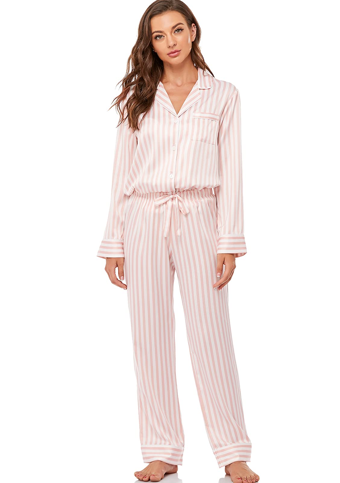 Women's Satin Pajama Set Long Sleeve Button Down Sleepwear 2-Piece Striped Silky Pj Set