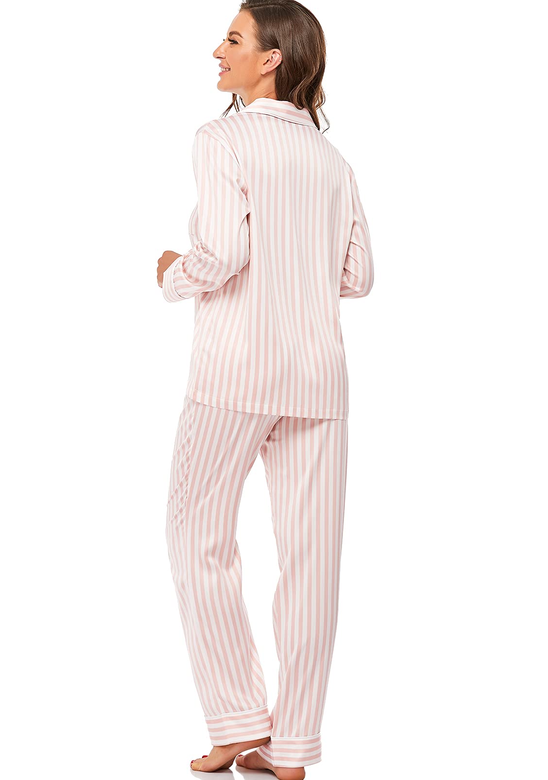 Women's Satin Pajama Set Long Sleeve Button Down Sleepwear 2-Piece Striped Silky Pj Set