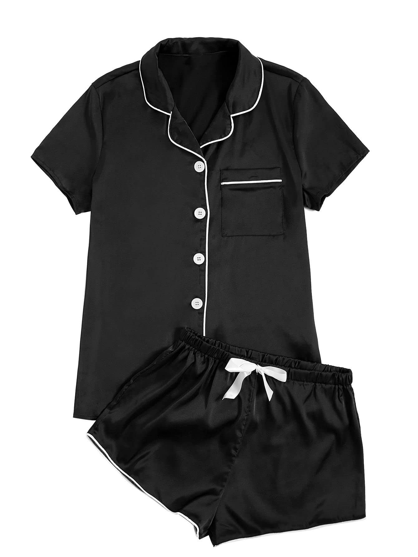 WDIRARA Women's Sleepwear Satin Short Sleeve Shirt and Shorts Pajama Set