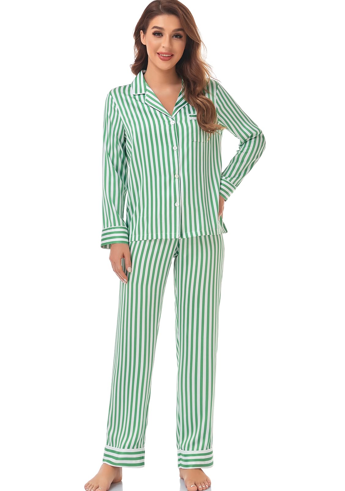 Women's Satin Pajama Set Long Sleeve Button Down Sleepwear 2-Piece Striped Silky Pj Set