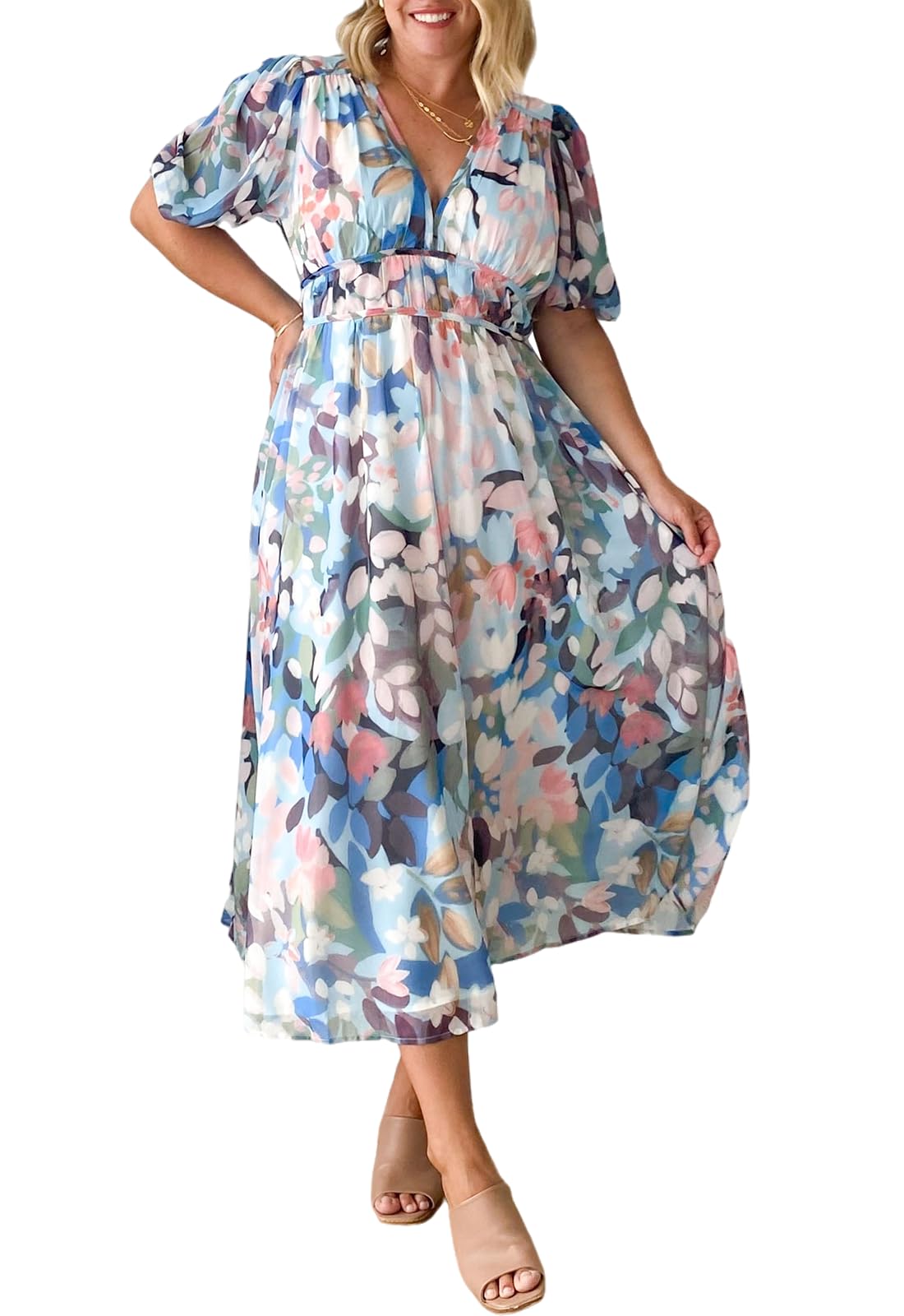 Sissyaki Women's Boho Floral Midi Dress Smocked Beach Flowy Dress