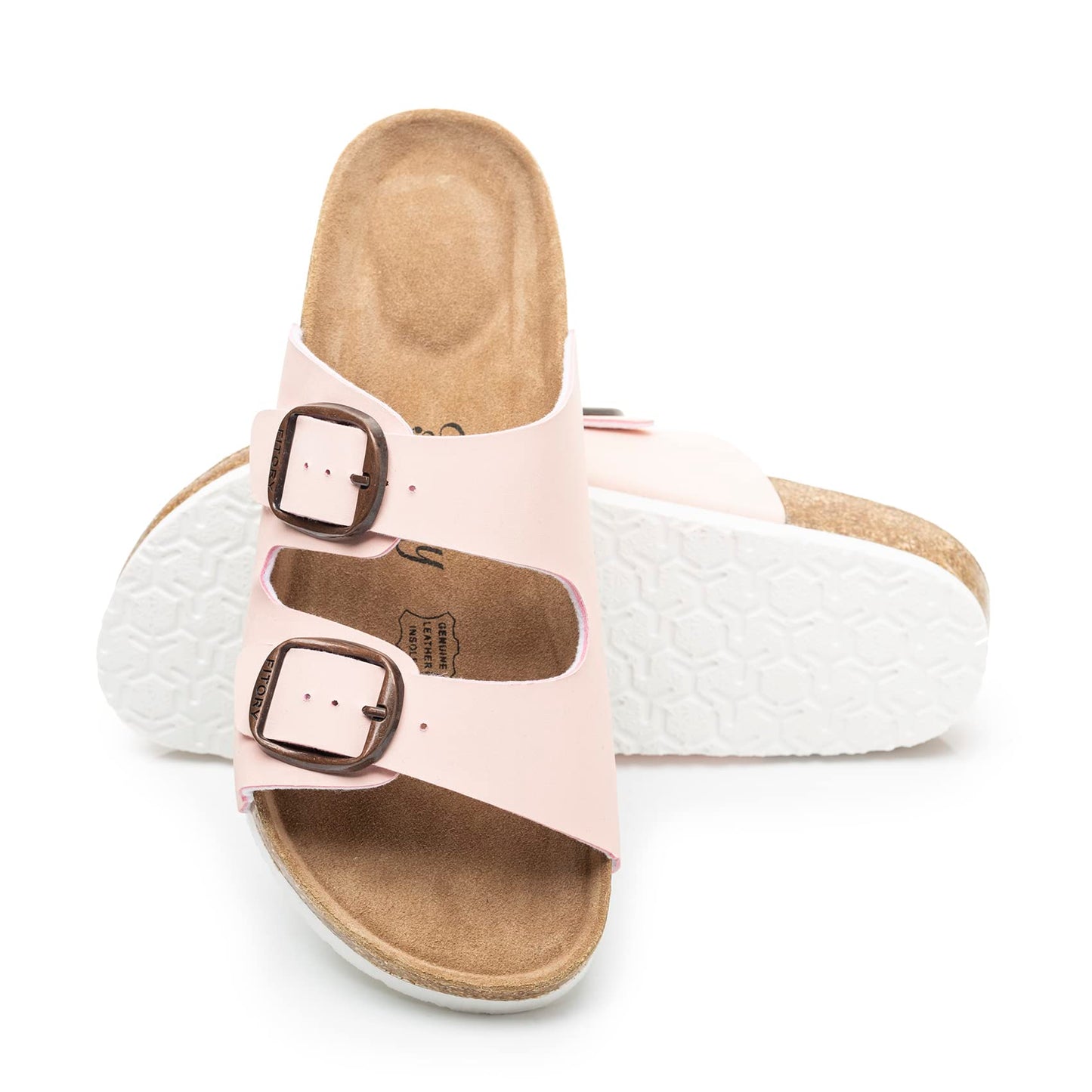 FITORY Womens Flat Sandals with Cork Footbed, Open Toe Slides Adjustable Slip On Slippers for Summer Size 6-11