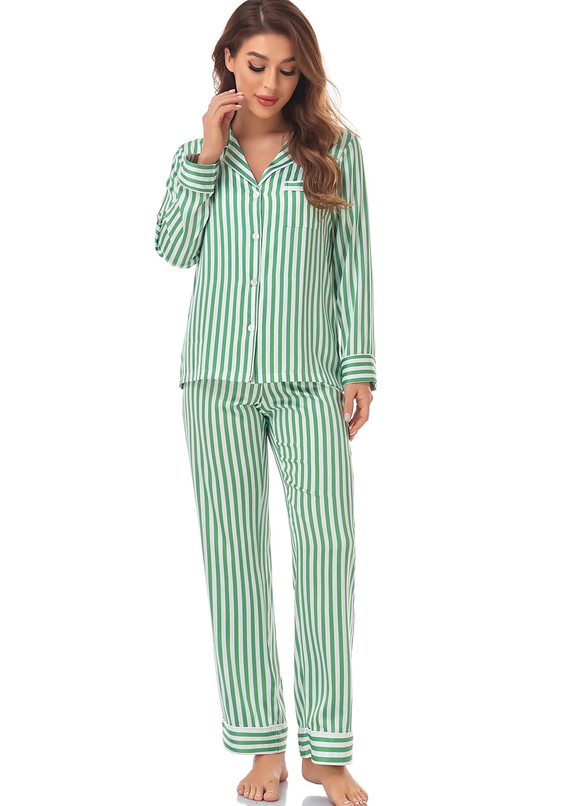 Women's Satin Pajama Set Long Sleeve Button Down Sleepwear 2-Piece Striped Silky Pj Set