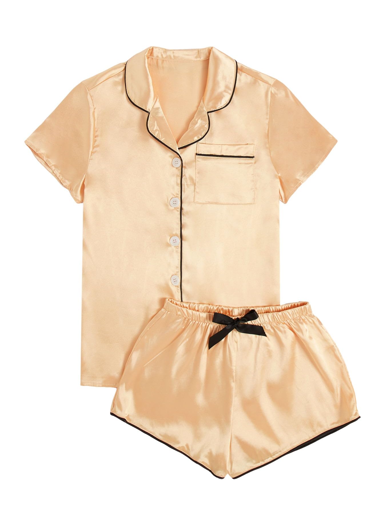 WDIRARA Women's Sleepwear Satin Short Sleeve Shirt and Shorts Pajama Set