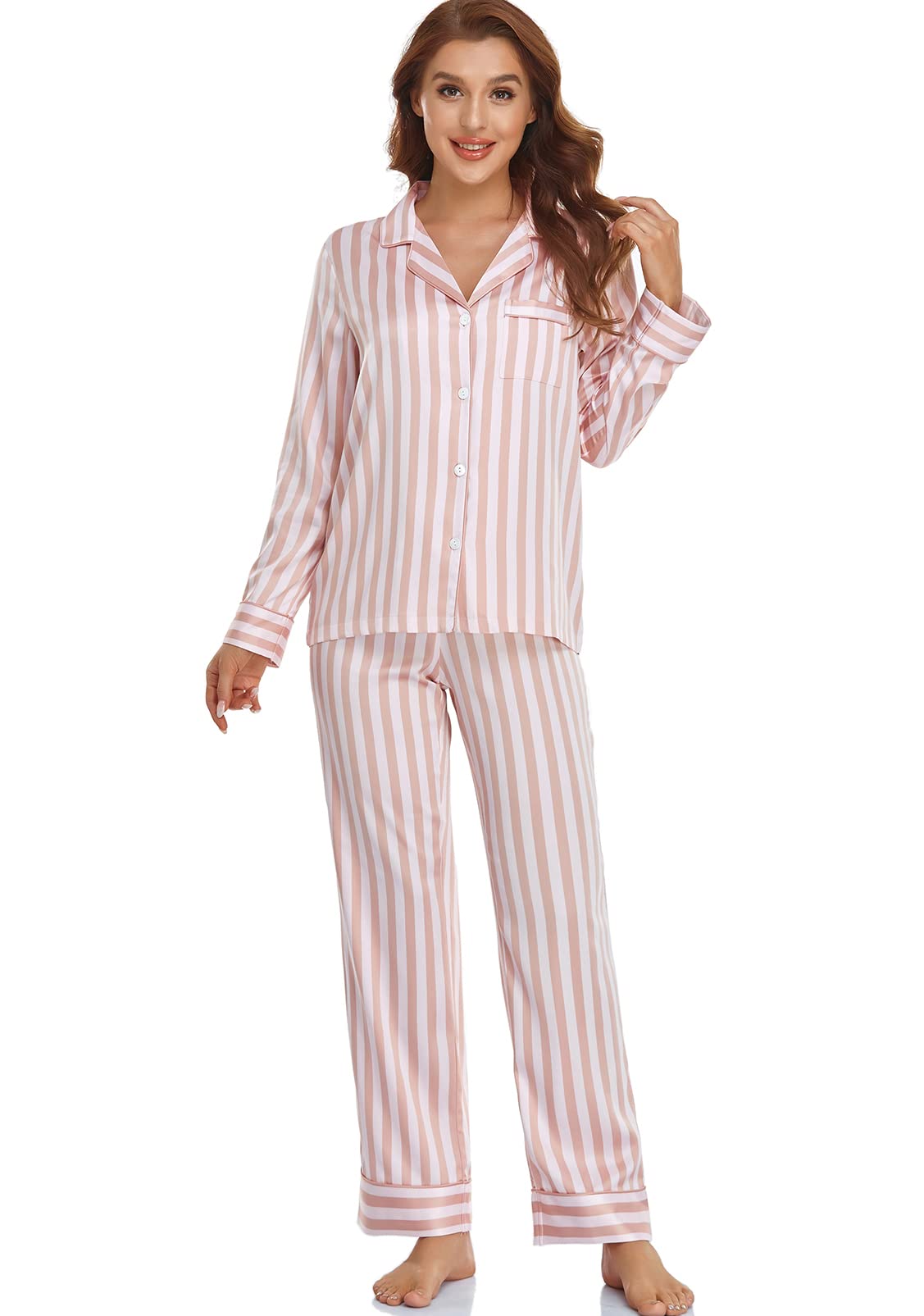 Women's Satin Pajama Set Long Sleeve Button Down Sleepwear 2-Piece Striped Silky Pj Set