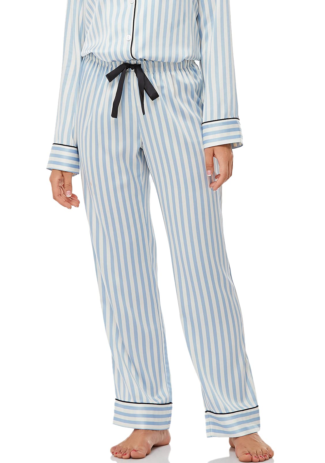 Women's Satin Pajama Set Long Sleeve Button Down Sleepwear 2-Piece Striped Silky Pj Set