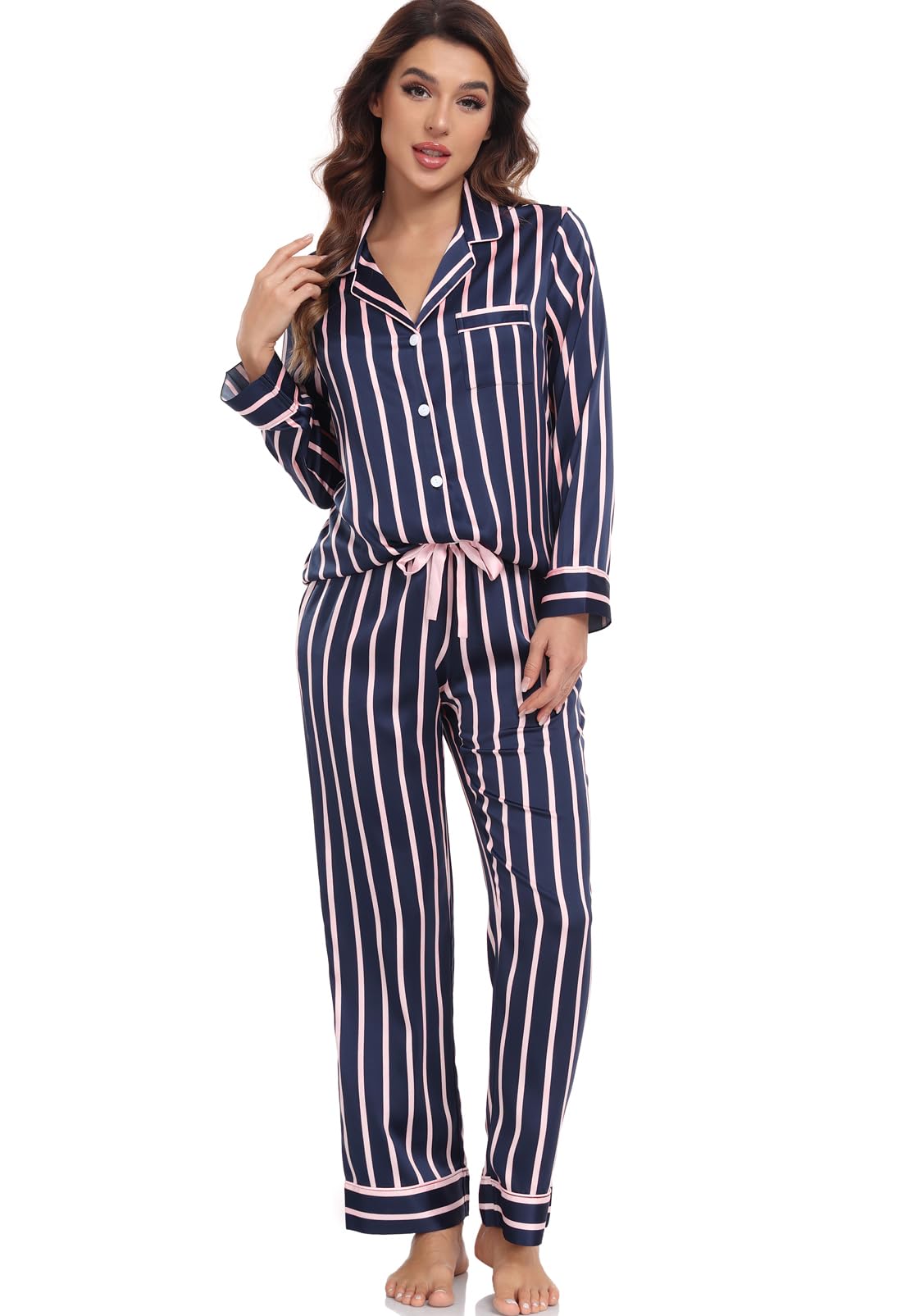 Women's Satin Pajama Set Long Sleeve Button Down Sleepwear 2-Piece Striped Silky Pj Set