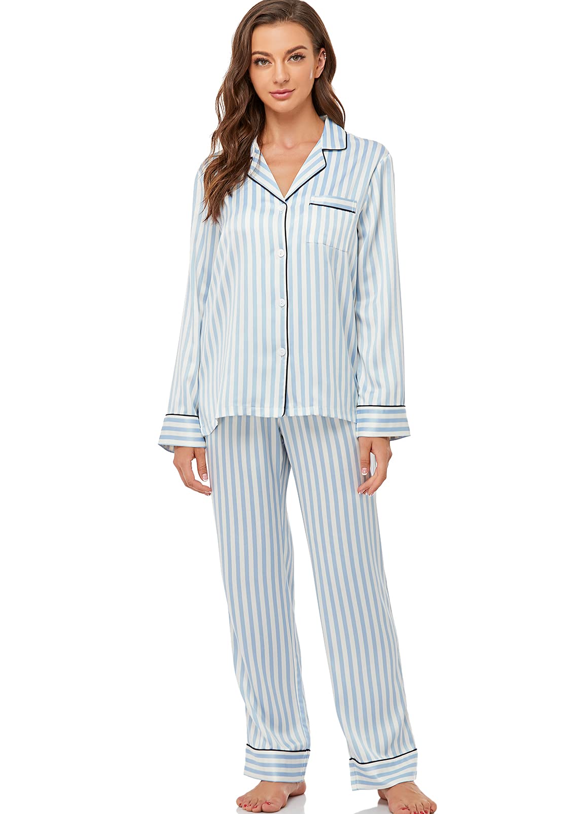 Women's Satin Pajama Set Long Sleeve Button Down Sleepwear 2-Piece Striped Silky Pj Set