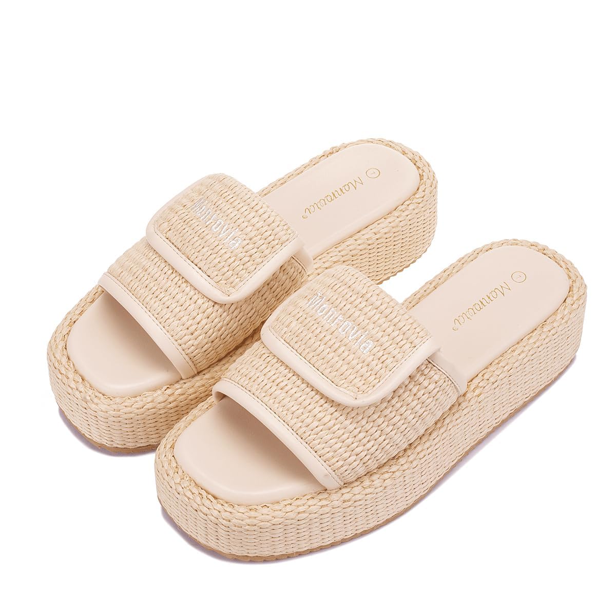 Monrovia Platform Sandals Women Slip on Raffia wedge Sandals, Espadrille Slides Bohemia Sandals, Summer Open Toe Straw Sandals for Women's Outdoor Camping Walking Beach Vacation