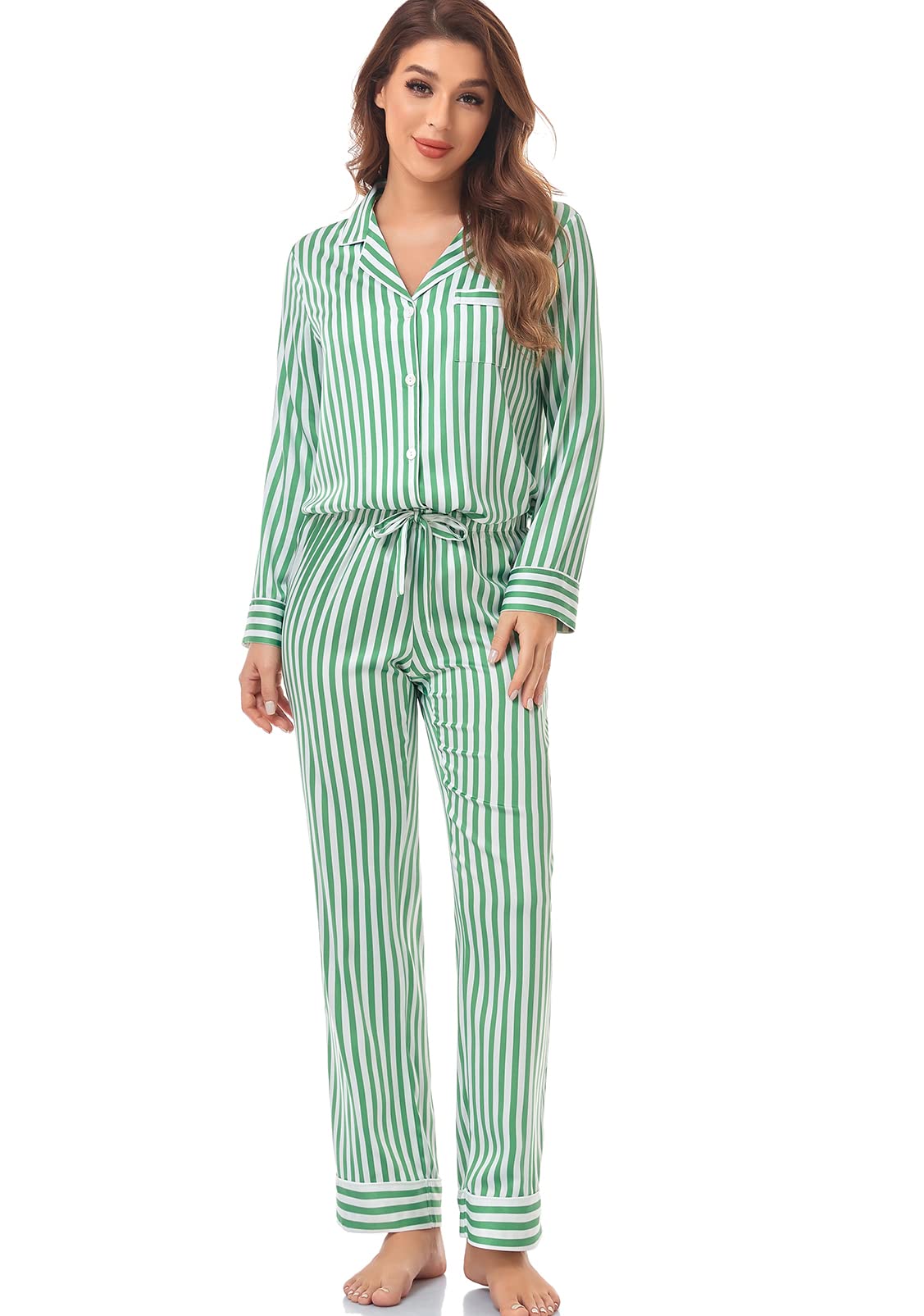 Women's Satin Pajama Set Long Sleeve Button Down Sleepwear 2-Piece Striped Silky Pj Set