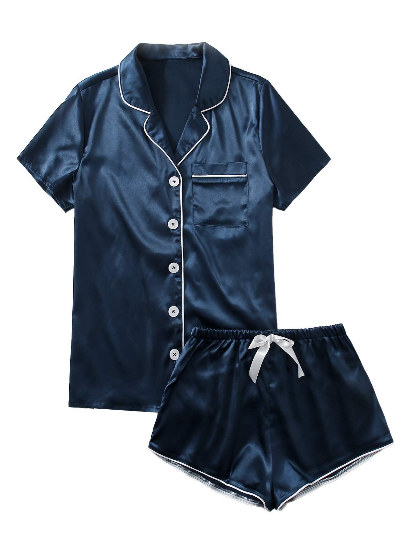 WDIRARA Women's Sleepwear Satin Short Sleeve Shirt and Shorts Pajama Set