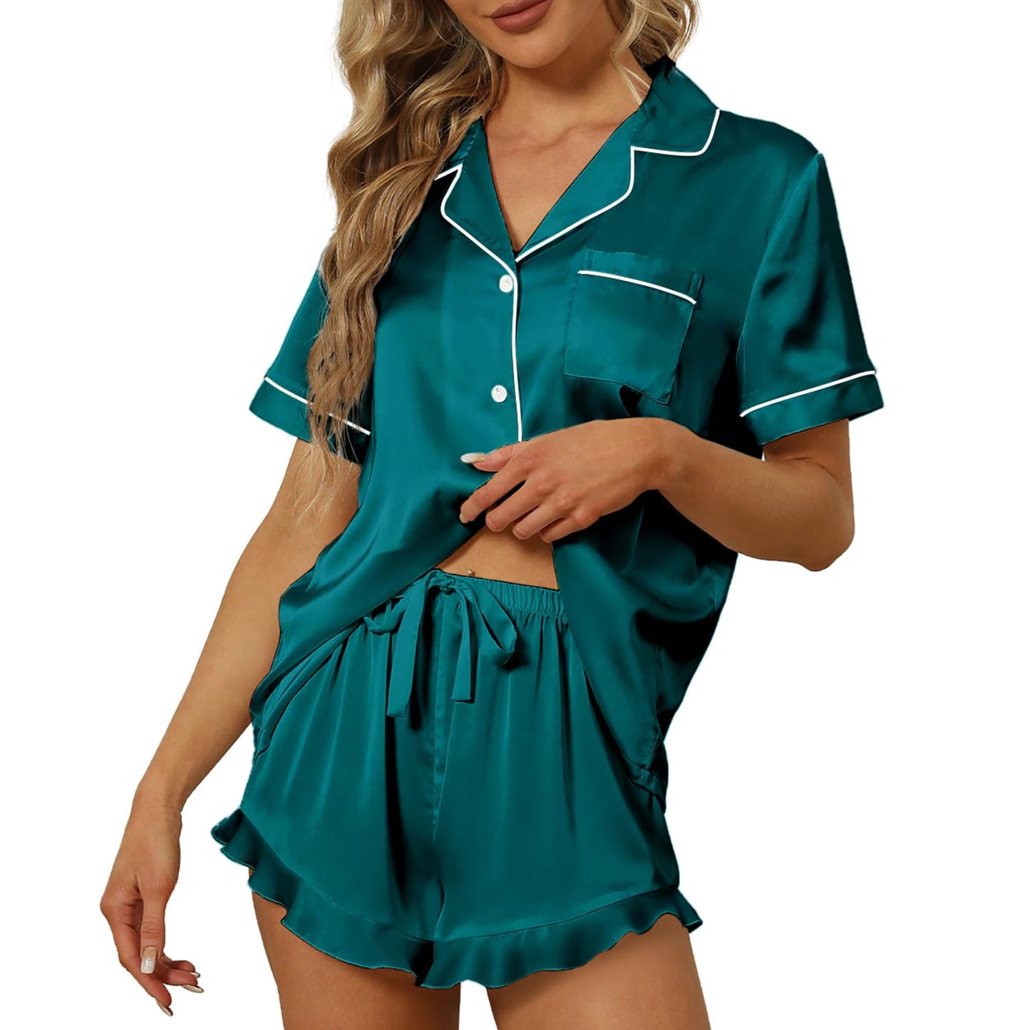 SAPJON Satin Silk Pajamas for Women 2Pcs Ruffle Notch Collar Sleepwear Button Down Short Sleeve Shorts Pjs Set Loungewear