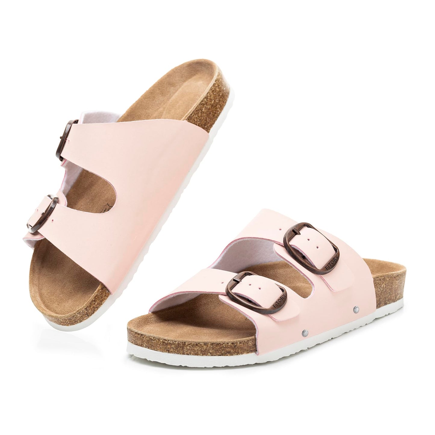 FITORY Womens Flat Sandals with Cork Footbed, Open Toe Slides Adjustable Slip On Slippers for Summer Size 6-11