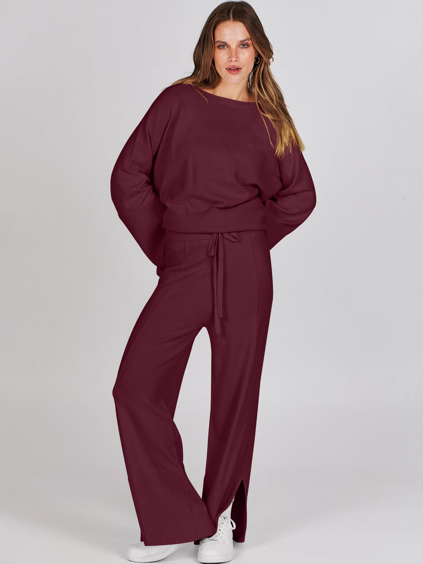 ANRABESS Womens 2 Piece Outfits Oversized Knit Sweater Set Wide Leg Pant Cozy Lounge Matching Pajama Sets 2024 Trendy Clothes