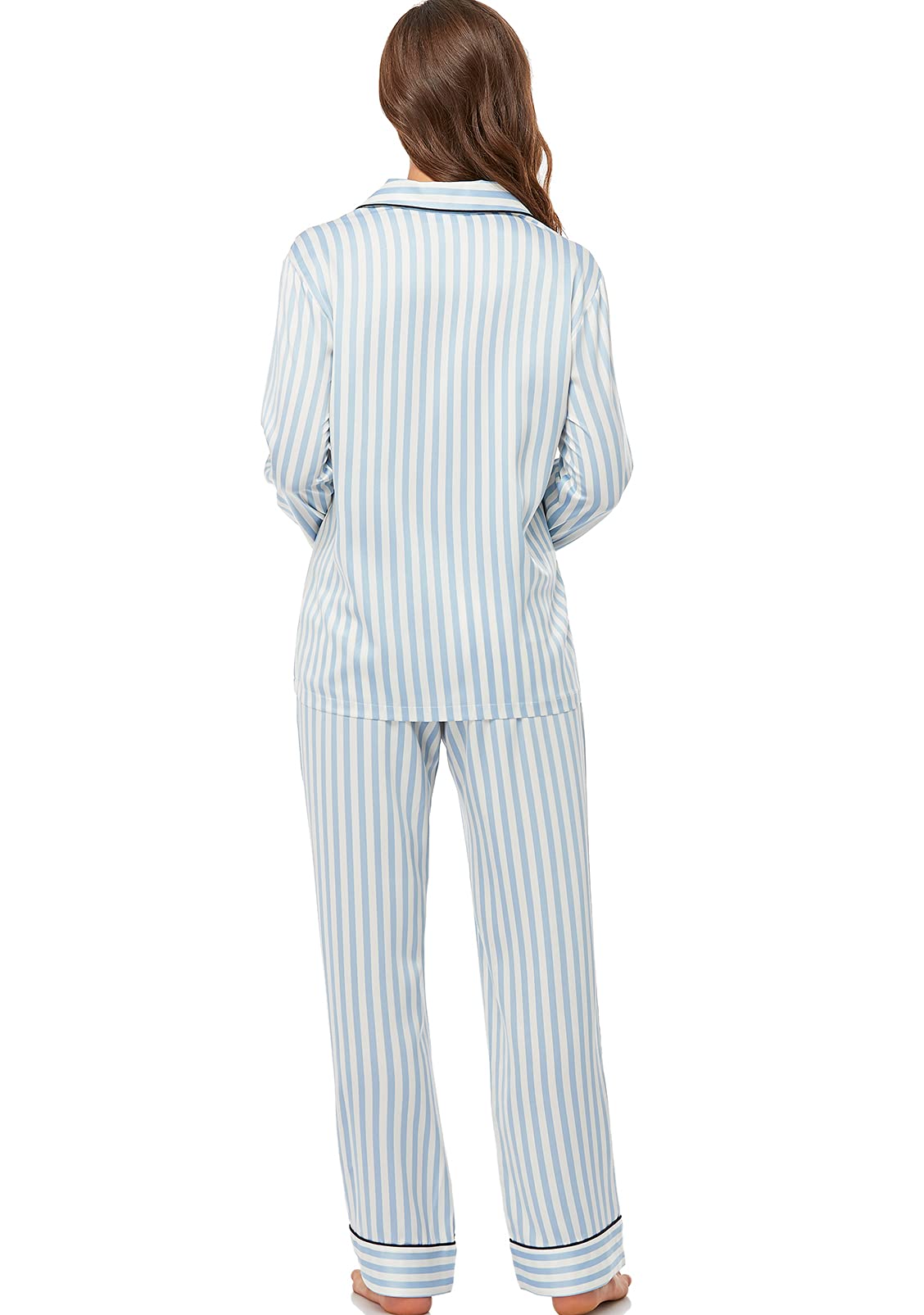 Women's Satin Pajama Set Long Sleeve Button Down Sleepwear 2-Piece Striped Silky Pj Set