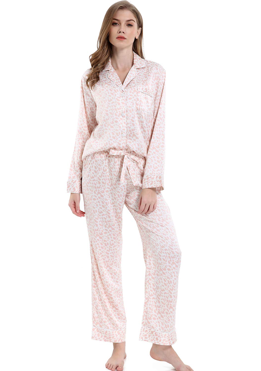 Women's Satin Pajama Set Long Sleeve Button Down Sleepwear 2-Piece Striped Silky Pj Set