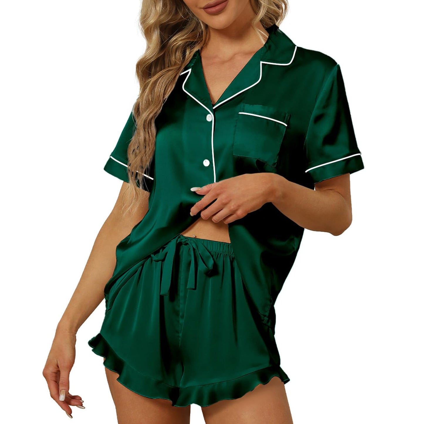 SAPJON Satin Silk Pajamas for Women 2Pcs Ruffle Notch Collar Sleepwear Button Down Short Sleeve Shorts Pjs Set Loungewear