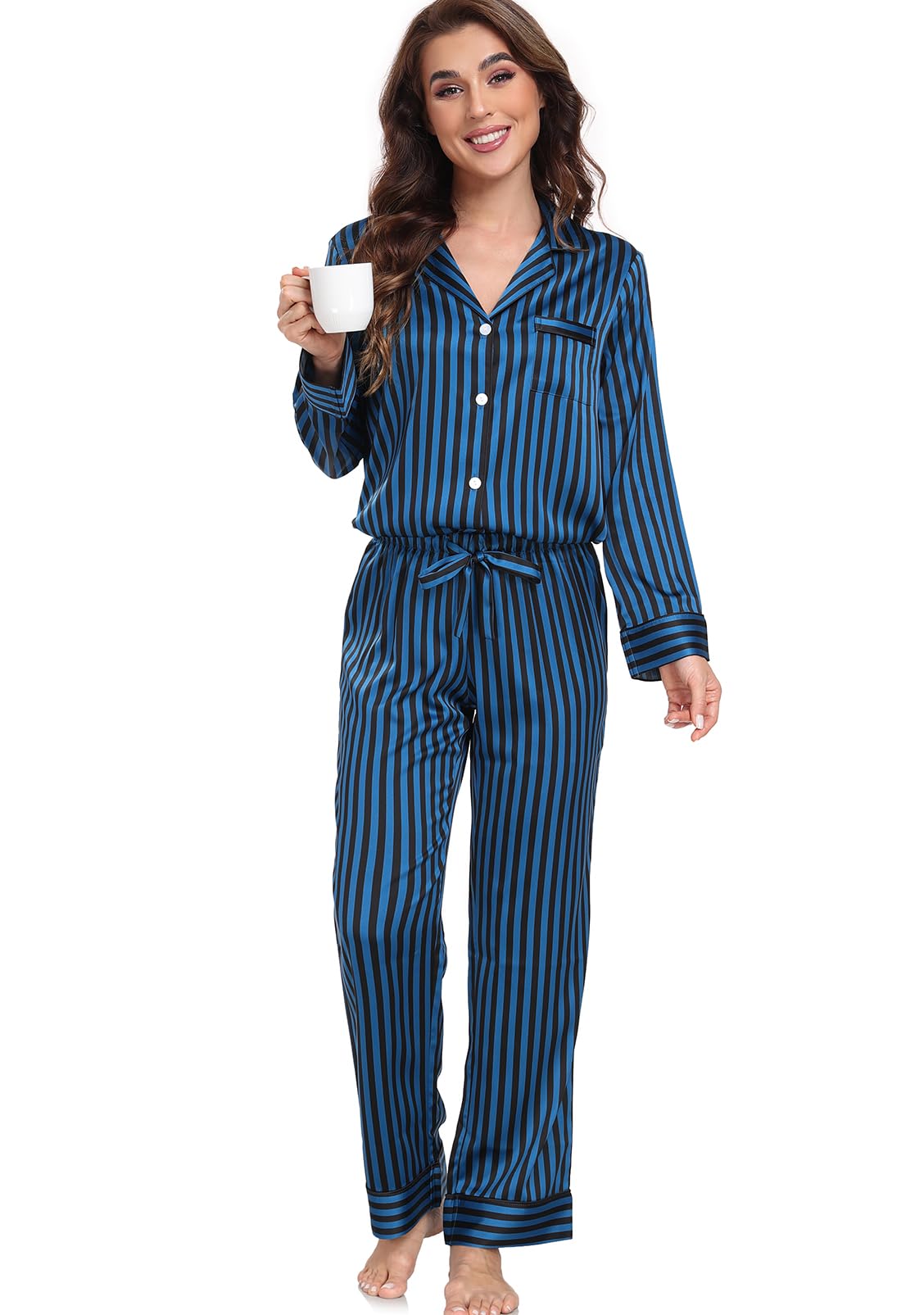 Women's Satin Pajama Set Long Sleeve Button Down Sleepwear 2-Piece Striped Silky Pj Set