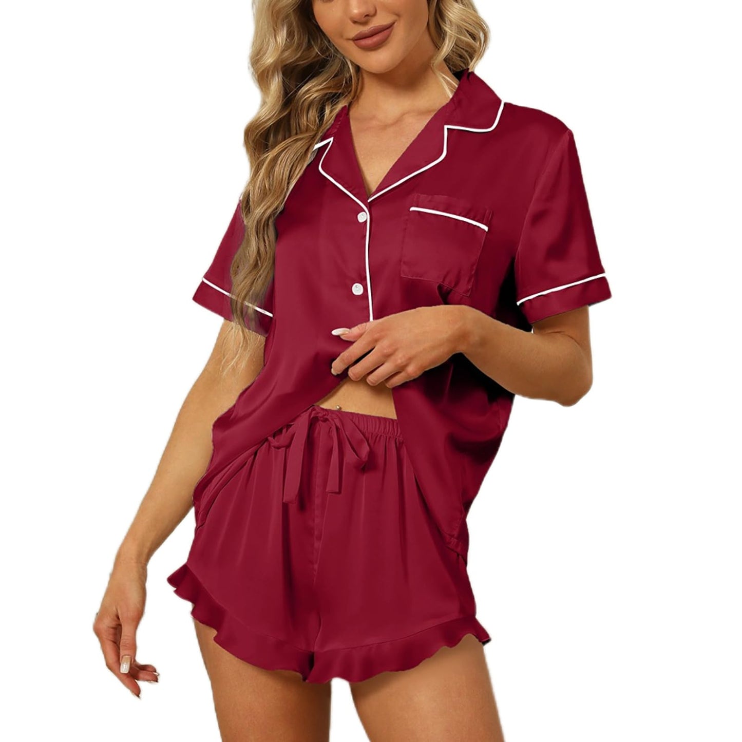 SAPJON Satin Silk Pajamas for Women 2Pcs Ruffle Notch Collar Sleepwear Button Down Short Sleeve Shorts Pjs Set Loungewear