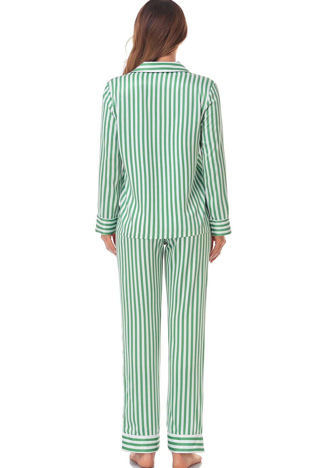 Women's Satin Pajama Set Long Sleeve Button Down Sleepwear 2-Piece Striped Silky Pj Set