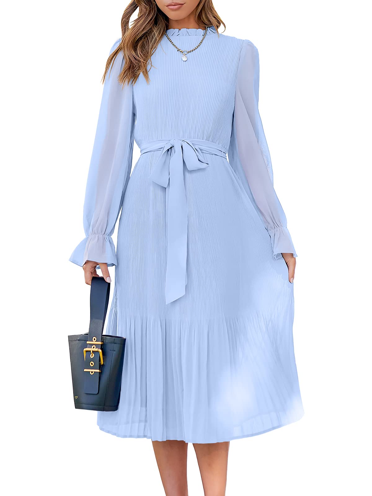 ANRABESS Women's Floral Midi Dress Puff Long Sleeve Casual Ruffle Chiffon A-Line Swing Pleated Belted Tea Party Dresses