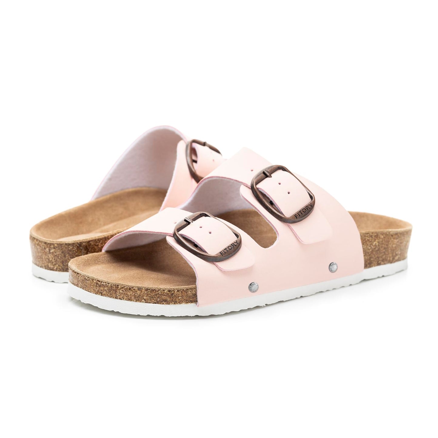 FITORY Womens Flat Sandals with Cork Footbed, Open Toe Slides Adjustable Slip On Slippers for Summer Size 6-11