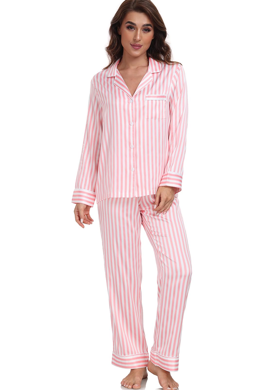 Women's Satin Pajama Set Long Sleeve Button Down Sleepwear 2-Piece Striped Silky Pj Set