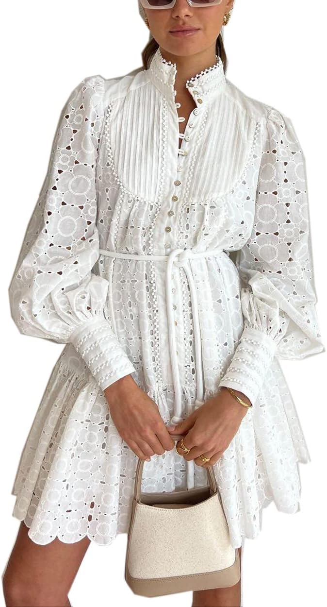 Roiii Women A-Line Lace Loose Baroque Button Down Long Sleeve Casual Dresses V Neck Embroidery Party Short Dress