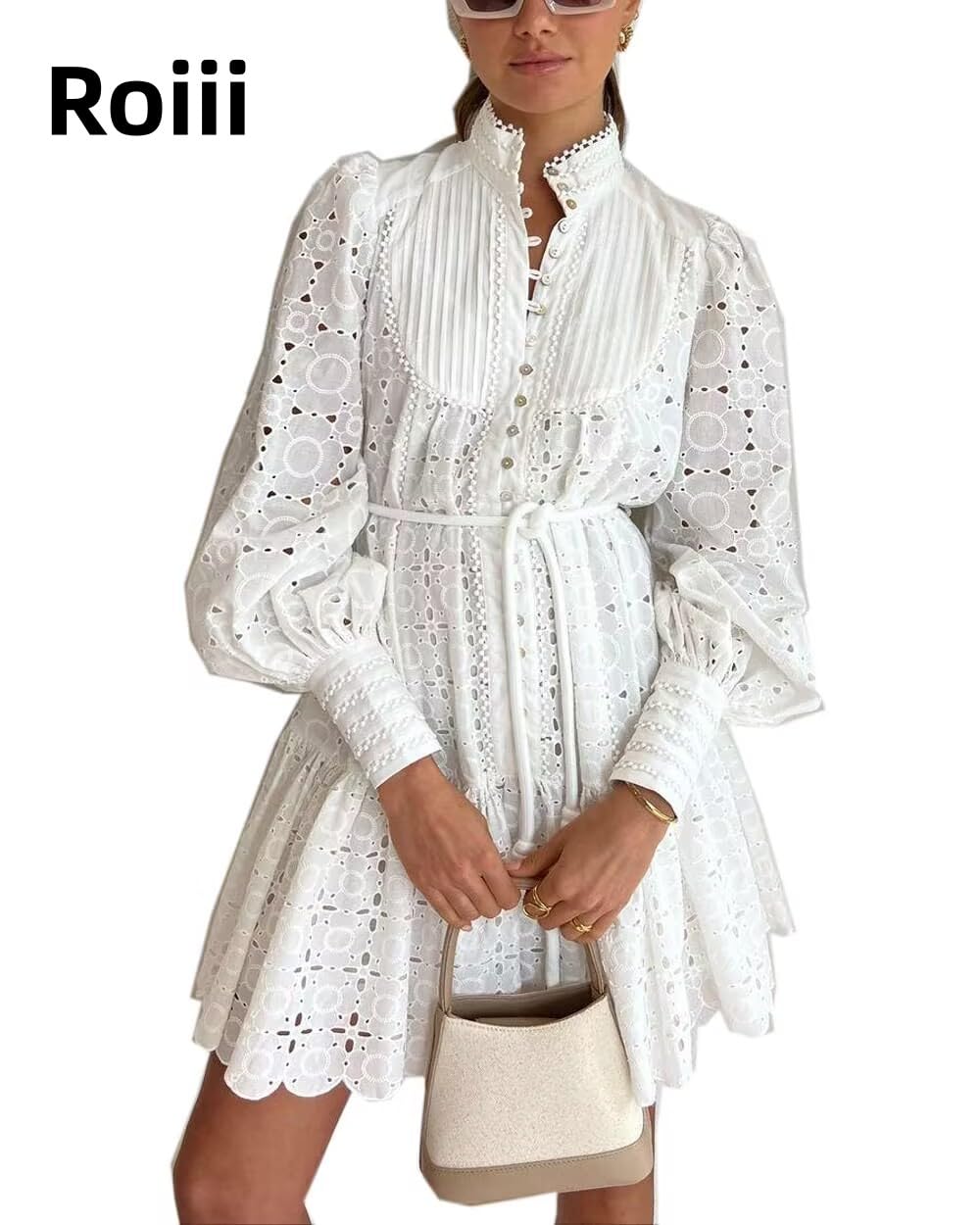 Roiii Women A-Line Lace Loose Baroque Button Down Long Sleeve Casual Dresses V Neck Embroidery Party Short Dress