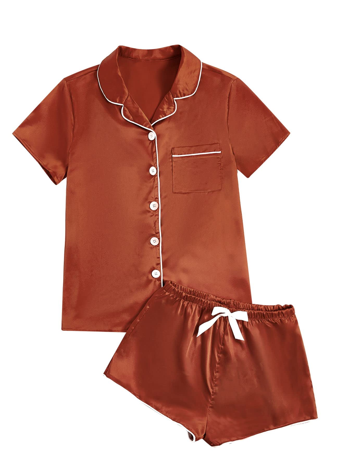 WDIRARA Women's Sleepwear Satin Short Sleeve Shirt and Shorts Pajama Set