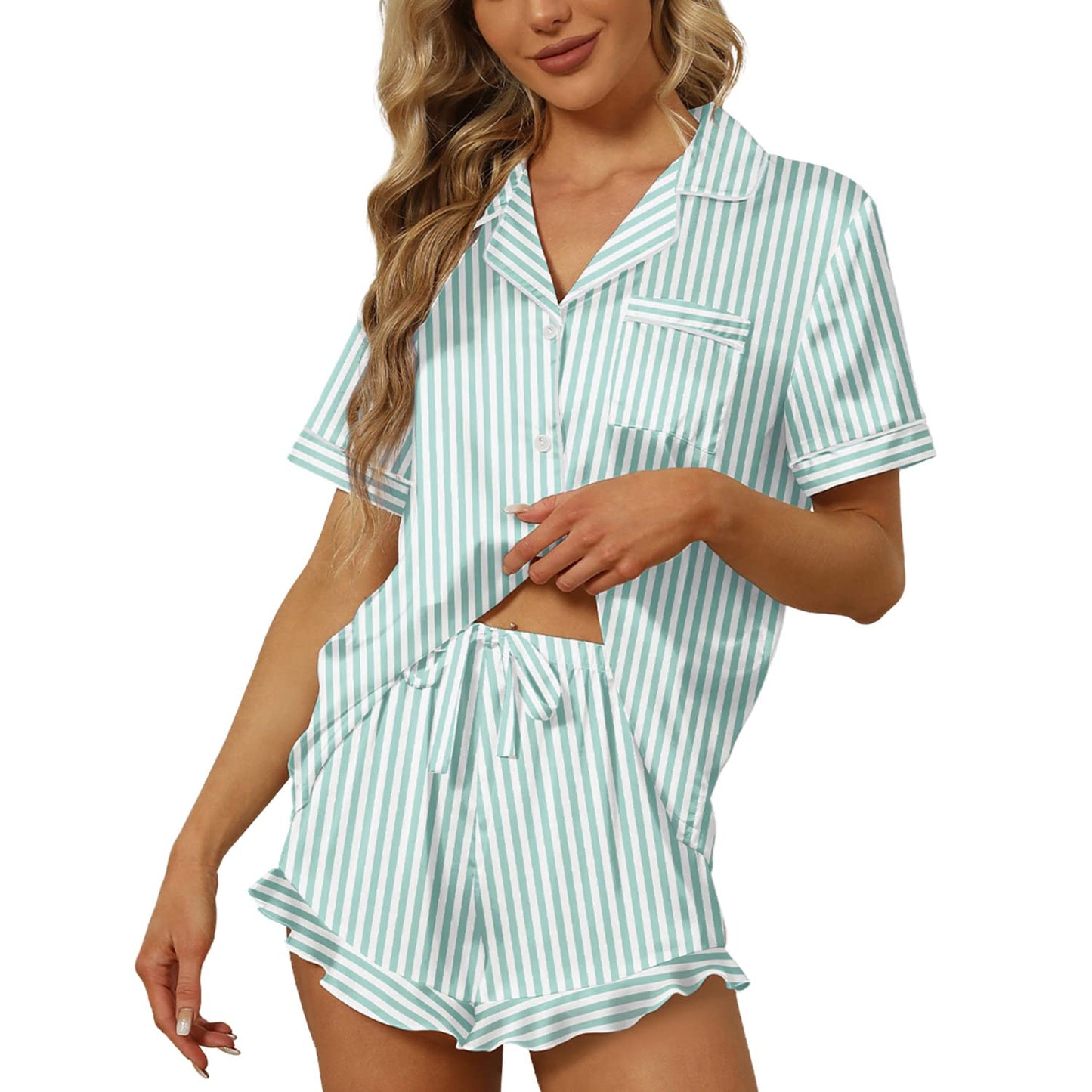 SAPJON Satin Silk Pajamas for Women 2Pcs Ruffle Notch Collar Sleepwear Button Down Short Sleeve Shorts Pjs Set Loungewear