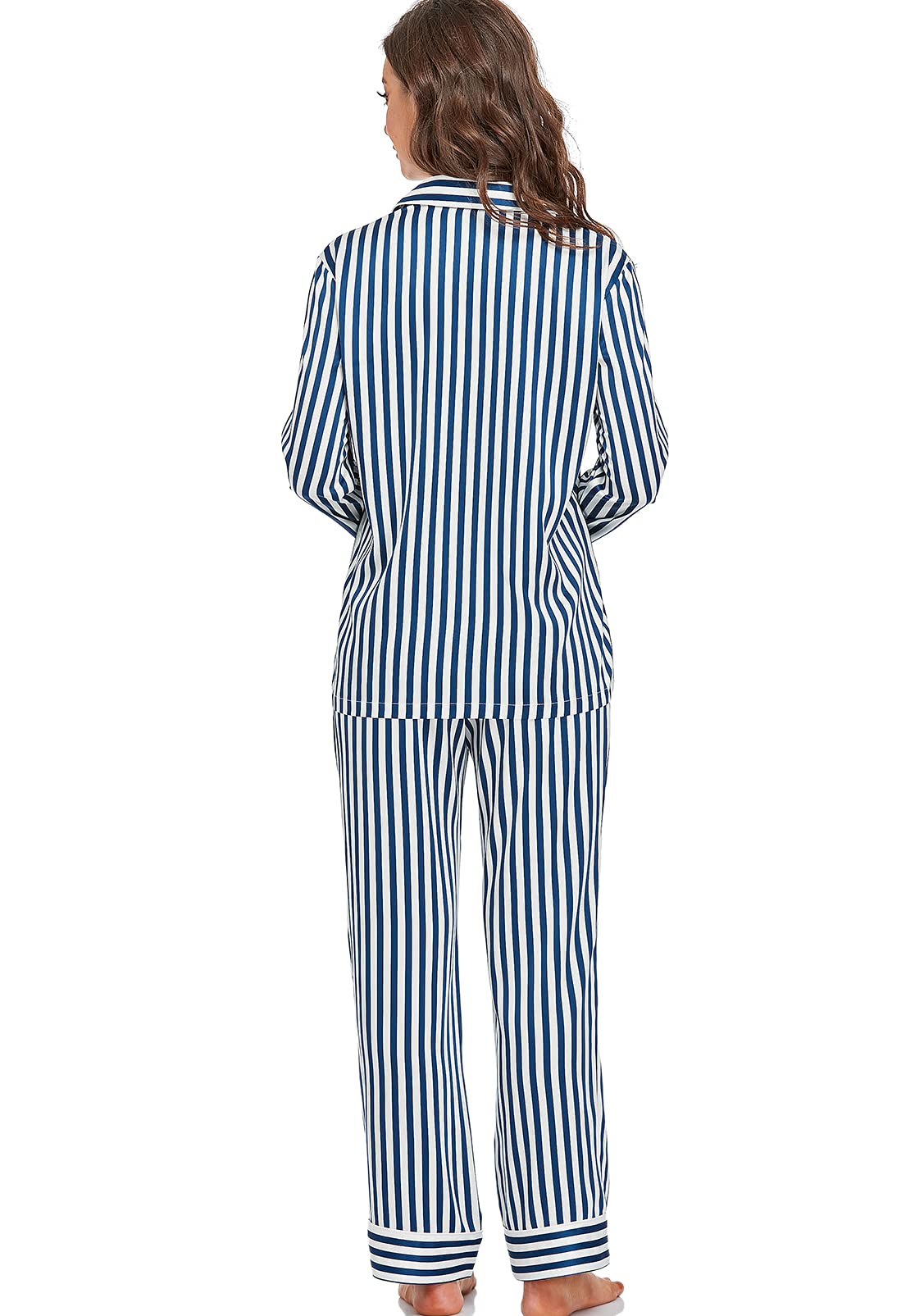 Women's Satin Pajama Set Long Sleeve Button Down Sleepwear 2-Piece Striped Silky Pj Set