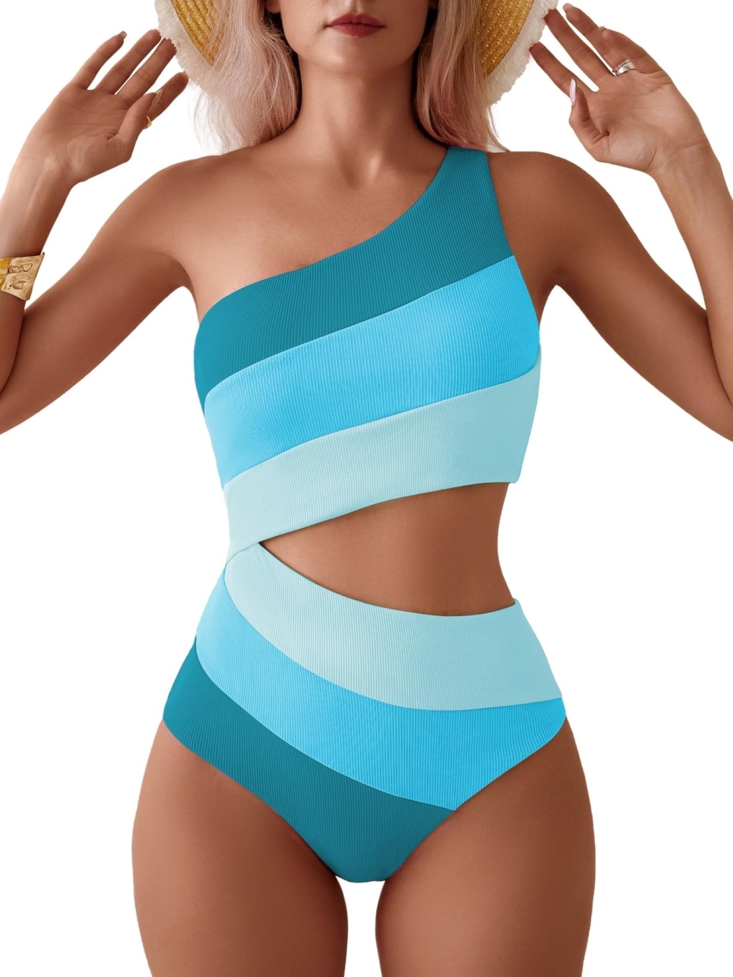 TASHEHE Women's One Shoulder One Piece Swimsuit Sexy Color Block Patchwork Bathing Suit Modest Full Coverage Cutout Swimwear