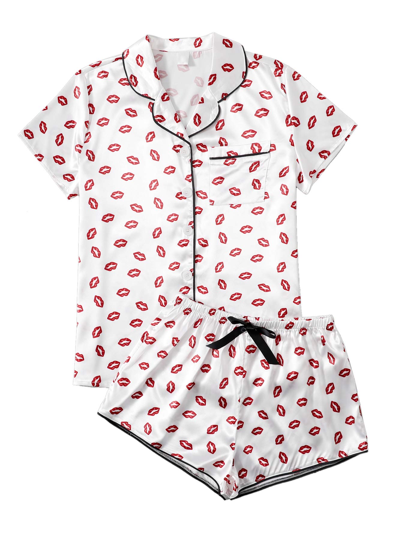 WDIRARA Women's Sleepwear Satin Short Sleeve Shirt and Shorts Pajama Set