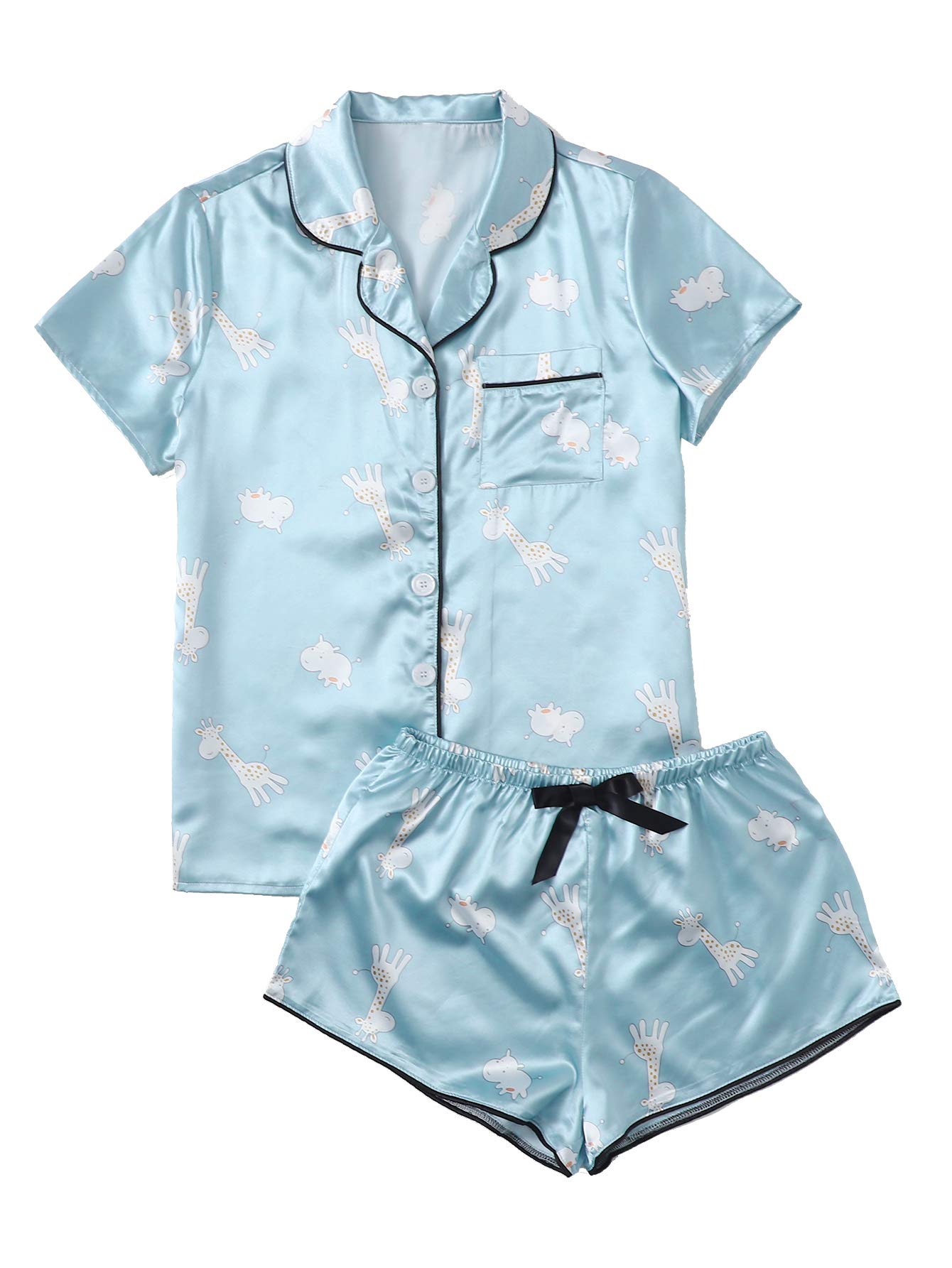 WDIRARA Women's Sleepwear Satin Short Sleeve Shirt and Shorts Pajama Set