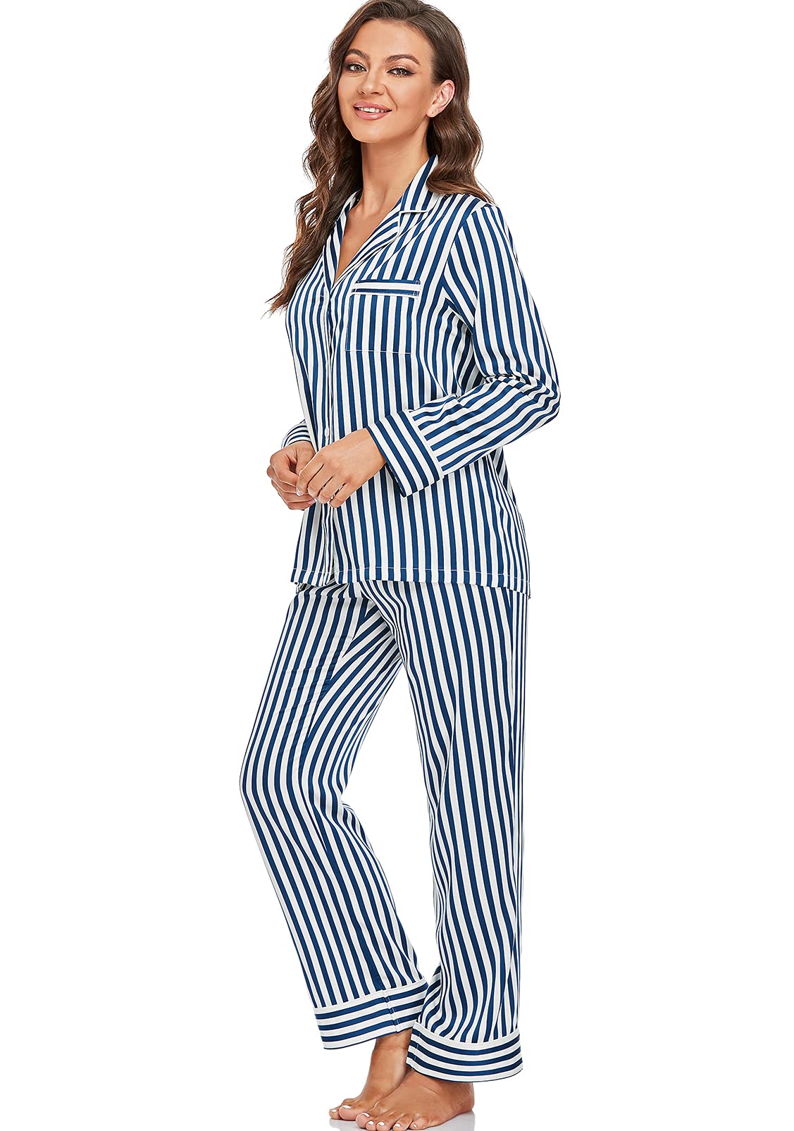 Women's Satin Pajama Set Long Sleeve Button Down Sleepwear 2-Piece Striped Silky Pj Set