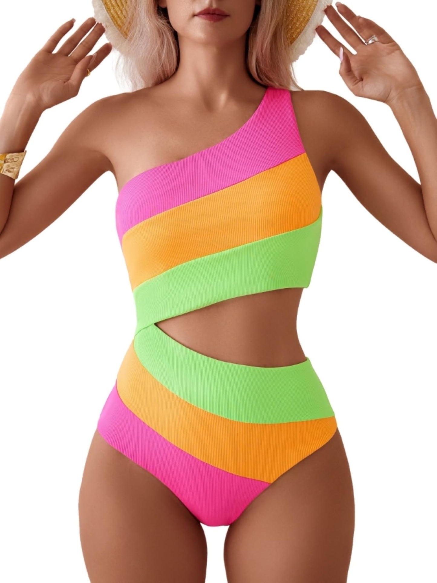 TASHEHE Women's One Shoulder One Piece Swimsuit Sexy Color Block Patchwork Bathing Suit Modest Full Coverage Cutout Swimwear