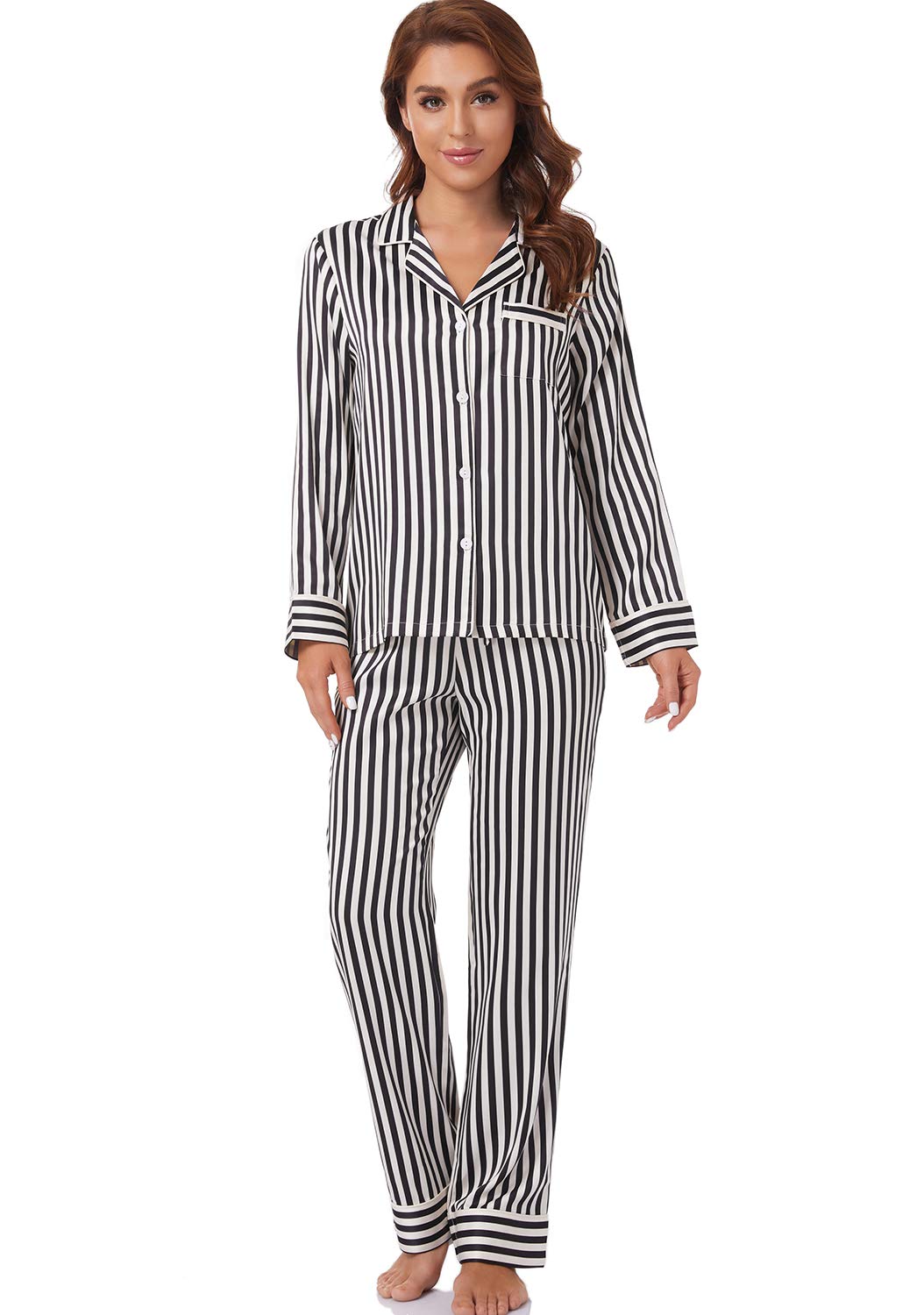 Women's Satin Pajama Set Long Sleeve Button Down Sleepwear 2-Piece Striped Silky Pj Set