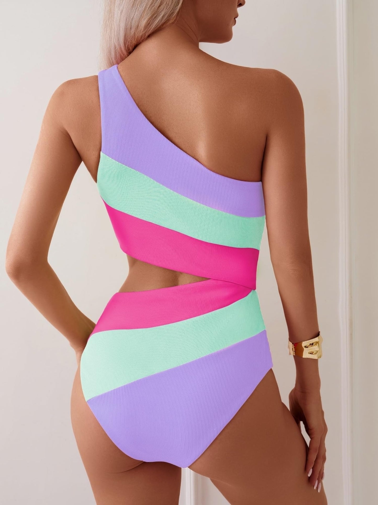 TASHEHE Women's One Shoulder One Piece Swimsuit Sexy Color Block Patchwork Bathing Suit Modest Full Coverage Cutout Swimwear